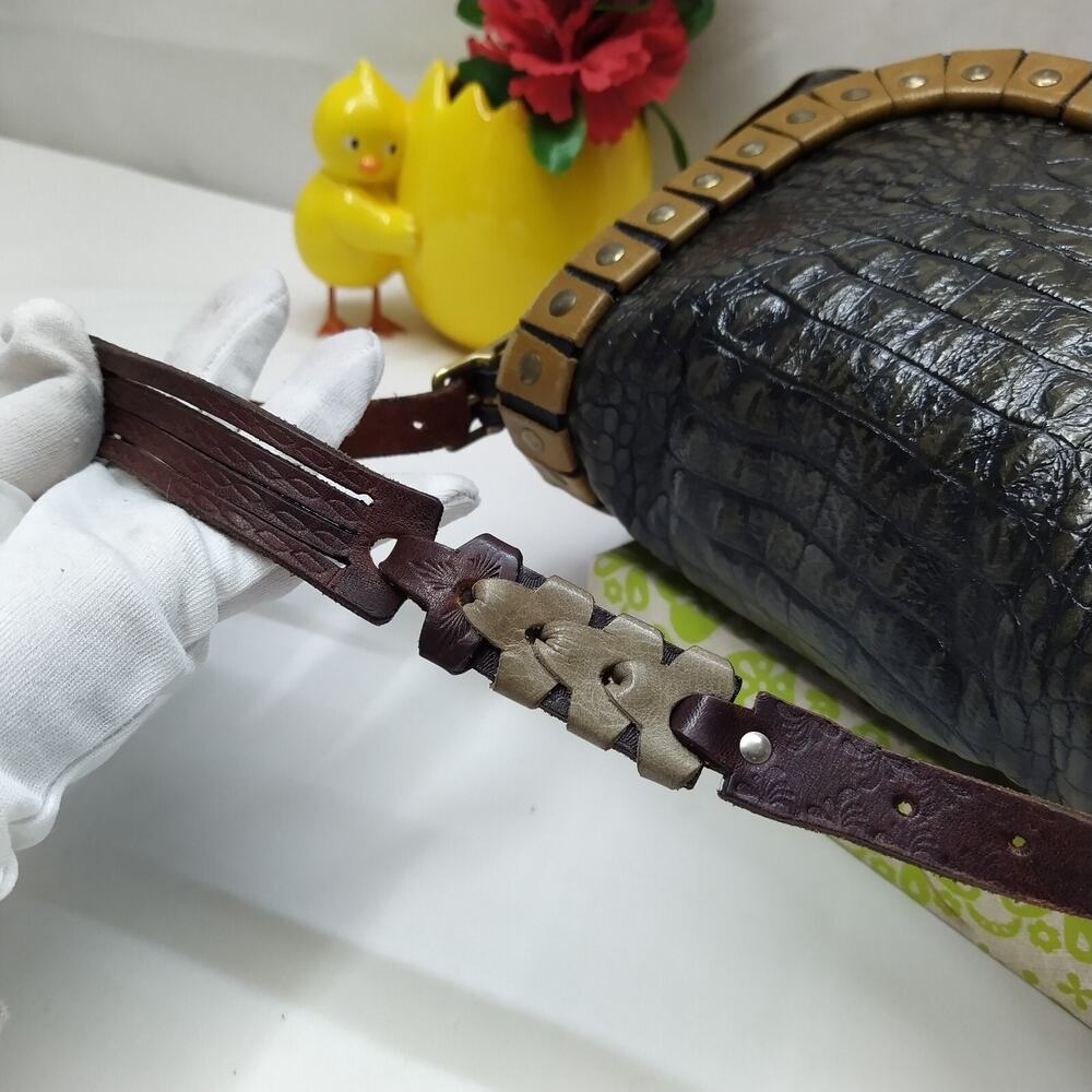 Bella Dolci Gray Leather Crocodile Embossed Studded Flap Closure Shoulder Bag - Picture 5 of 10